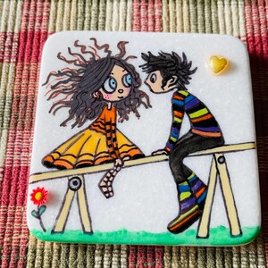 Cute couple painted rock SEALED 3D heart and flower