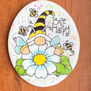 Gnome Bee Happy Painted Rock SEALED