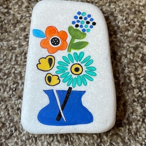 Vase of flowers painted rock SEALED Santorini rock