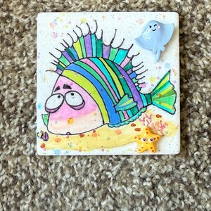 Funky Fishy Painted Rock SEALED with 3D starfish, ray and glitterific pop