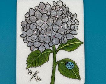 Fussy Cut Decoupage Hydrangea Flower hand painted rock SEALED 3D Distressed Vintage Flower