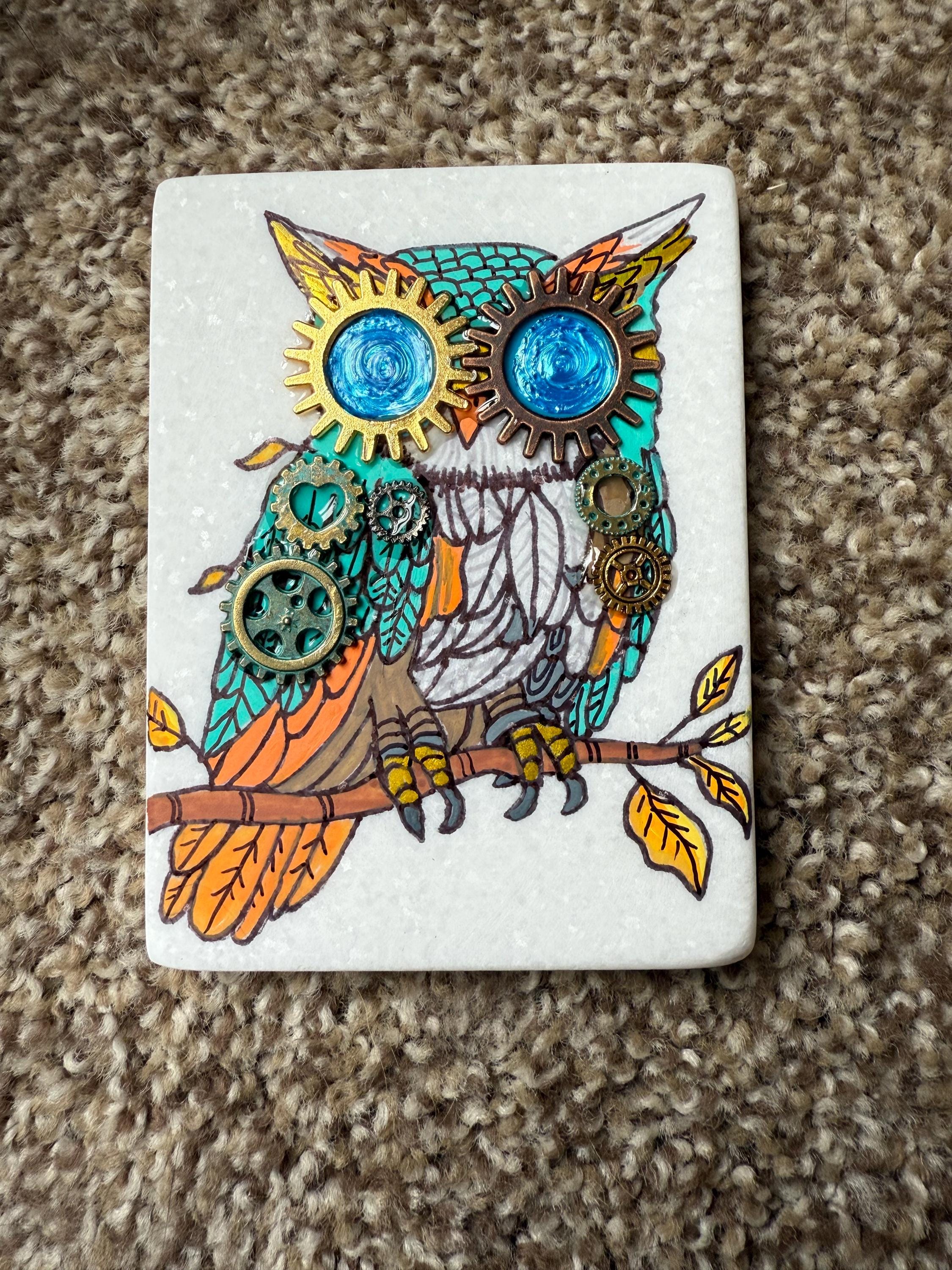 Whimsical Steampunk Owl painted rock SEALED 3D metal gears painted rocks