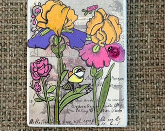 Whimsical bird and flowers hand painted rock SEALED over decoupaged letter 3D ladybug