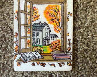 Otoño a través de la ventana roca pintada SELLADA leyendo libros