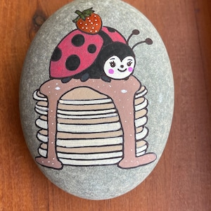 Quirky Ladybug Painted Rock on stack of pancakes SEALED