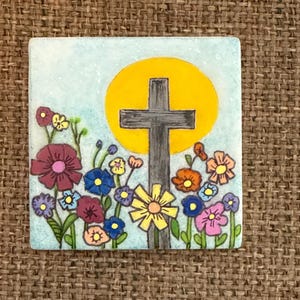 Cross painted rock with boho flowers SEALED