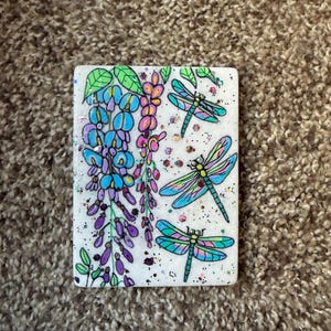 Dragonflies and flowers painted rock  SEALED with glitter