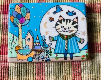 Gatos caprichosos pintados en roca SELLADOS bajo la luz de la luna