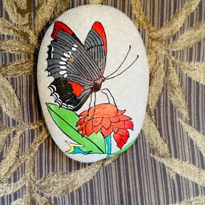 Butterfly Painted Rock on red flower SEALED