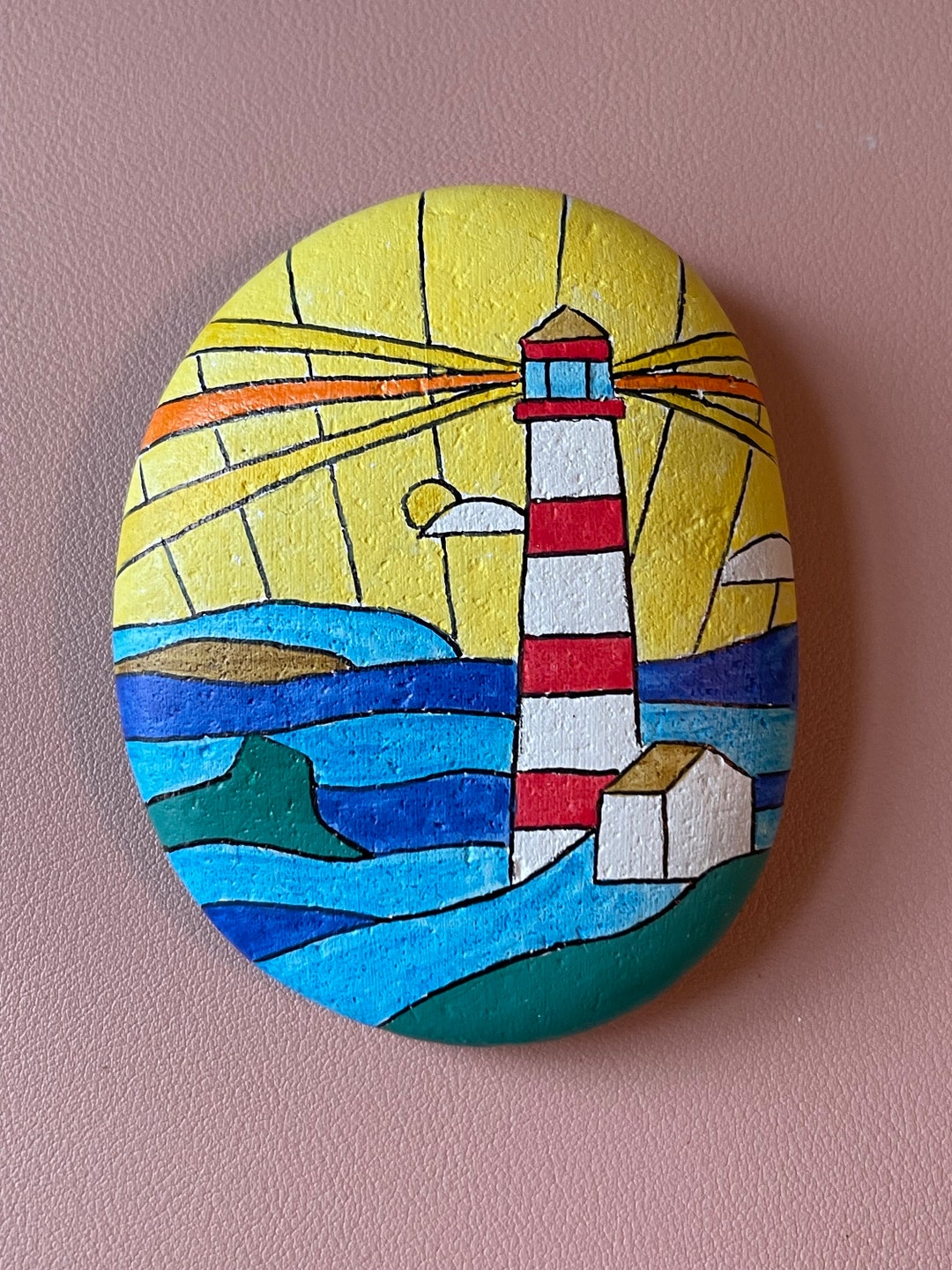 Lighthouse Painted Rock in Stained Glass Effect SEALED Etsy