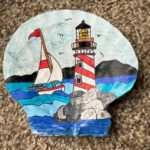 Lighthouse and Sailboat hand painted scallop seashell SEALED two sided