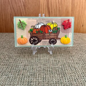 Fall wagon of pumpkins hand painted milk glass subway tile over decoupaged paper SEALED 3D
