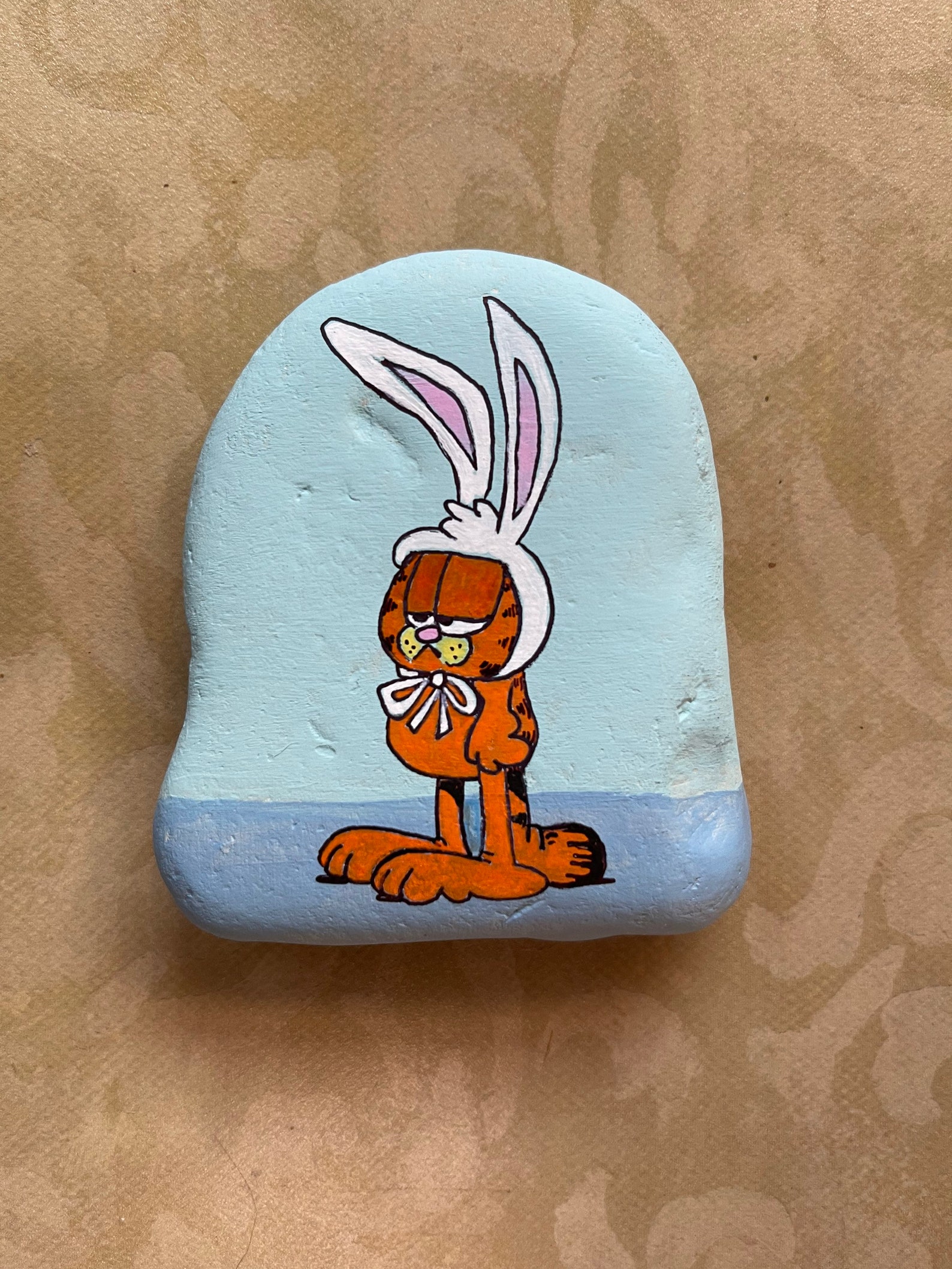 Garfield Painted Rock With Easter Bunny Ears Painted Rocks Etsy
