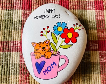 Happy Mother’s Day - Mom mug with cat painted rock SEALED