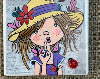 Whimsical butterfly girl hand painted rock SEALED over decoupaged paper 3D ladybug