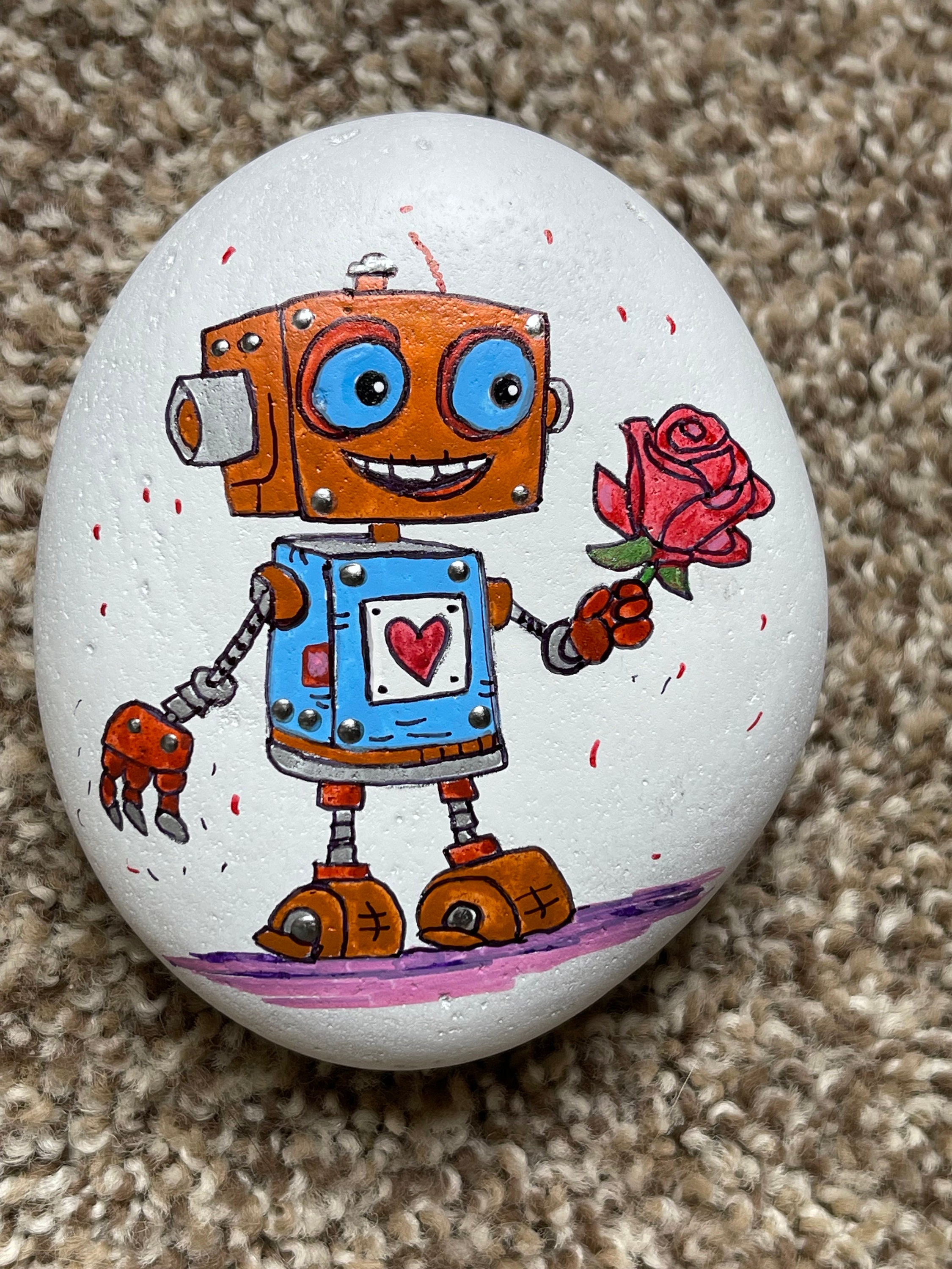 Metallic Love Robot painted rock SEALED here’s a rose