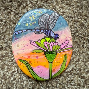 Purple Dragonfly Painted Rock SEALED fluorescent sun glows under black light - painted rocks