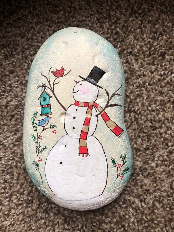 Snowman With Birds Painted Rock Etsy