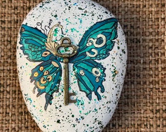 Flying Key Butterfly painted rock SEALED 3D key