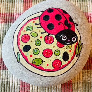 Quirky Ladybug Painted Rock on a pepperoni pizza! SEALED