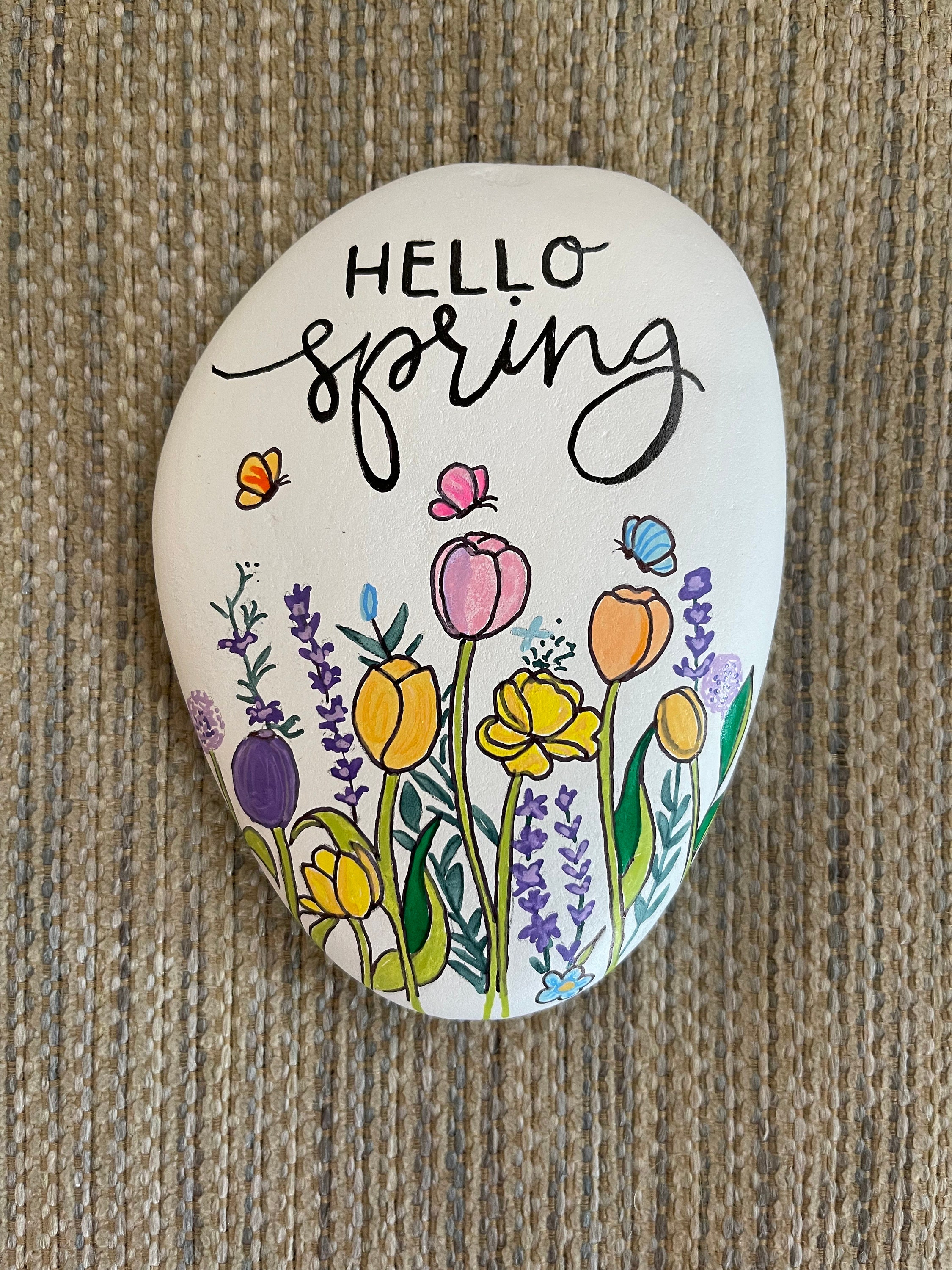 Springtime Painted Rocks Hello Spring Painted Rock - SEALED Garden Painted Rocks - Etsy