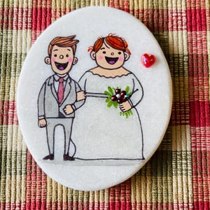 Cute wedding couple painted rock SEALED 3D heart