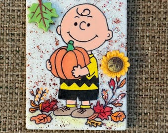 Adorable Autumn cartoon boy painted rock SEALED 3D leaf and sunflower