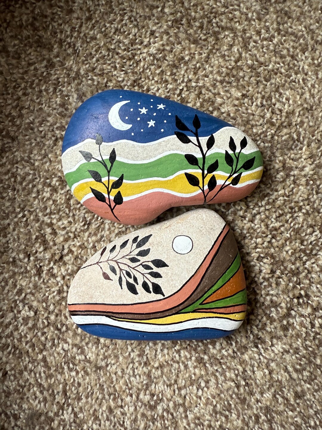 Boho Leaves and Moon Painted Rocks - Set of 2 ! SEALED - Etsy