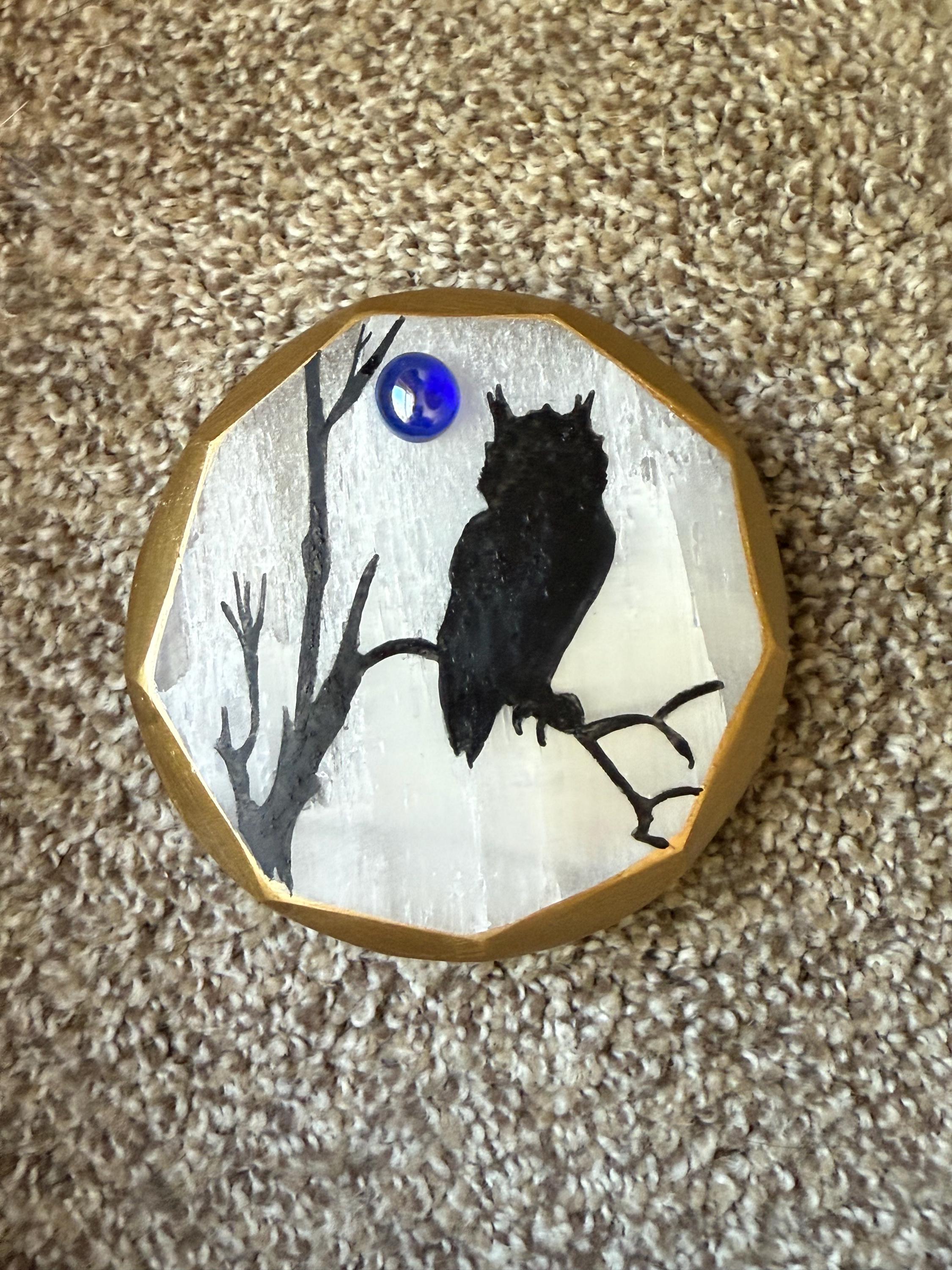Owl on Tree Branch Silhouette Hand Painted Natural Selenite Crystal SEALED trimmed in gold 3D glass 