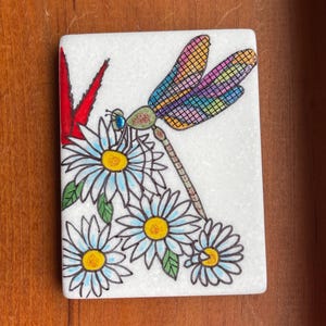Dragonfly among daisies Painted Rock SEALED 3D