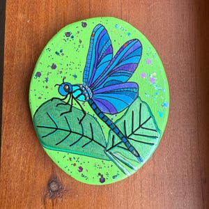 Blue and Purple Dragonfly Painted Rock SEALED with glitter and shimmer - painted rocks
