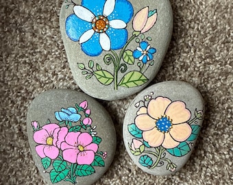 Hand-Painted Floral Garden Rock, Sealed River Stone