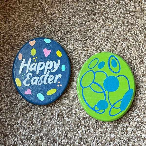 Flat Easter eggs painted rocks SET OF 2 SEALED Happy Easter and Blue swirls