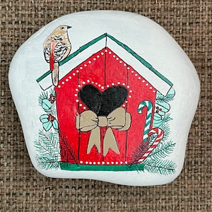 Christmas birdhouse painted rock SEALED