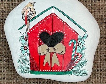 Christmas birdhouse painted rock SEALED