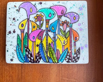 Whimsical flowers painted rock SEALED painted rocks