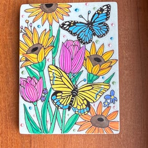 Colorful Butterflies and flowers painted rock SEALED
