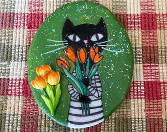 Whimsical cat holding tulips painted rock SEALED 3D tulips