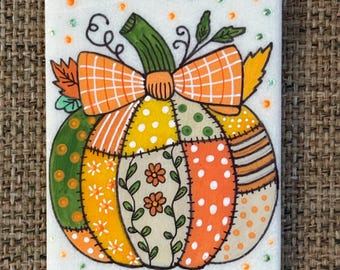 Pretty Patchwork Pumpkin painted rock SEALED painted rocks