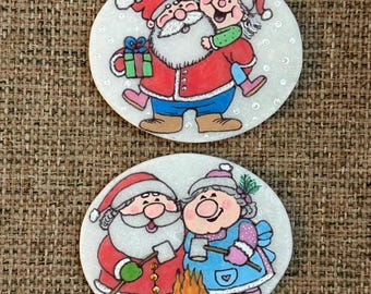 Whimsical Cozy Santa and Mrs. Claus painted rocks SEALED 17 dollars each !