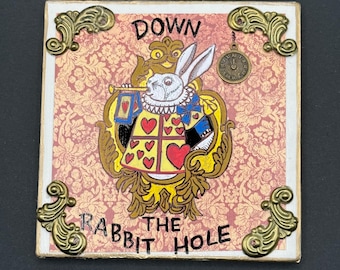 Down the Rabbit Hole hand painted ceramic tile over decoupaged paper 3D Alice in Wonderland