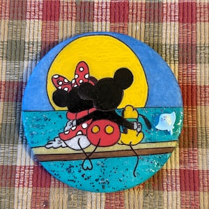 Sunset watching Mickey, Minnie Mouse and baby Pluto painted rock SEALED 3D