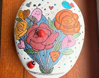 Whimsical Metallic Roses Heart Painted Rock with 3D Ladybugs SEALED