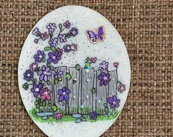 Whimsical Cottagecore Garden Fence Painted Rock SEALED 3D butterfly