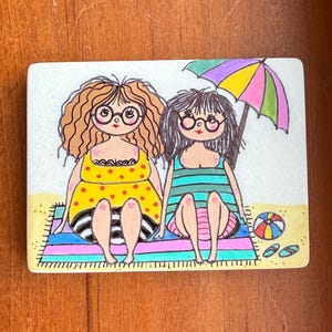 Curvy gals on the beach painted rock SEALED painted rocks