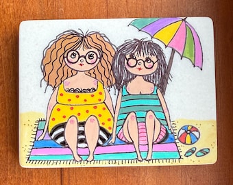 Curvy gals on the beach painted rock SEALED painted rocks