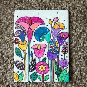 Whimsical flowers painted rock SEALED 3D painted rocks