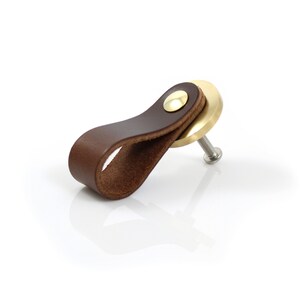 May include: A brown leather cabinet pull with a brass base and a screw.