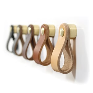 May include: Five leather cabinet pulls with brass bases in various colours, including black, brown, tan, and light brown.