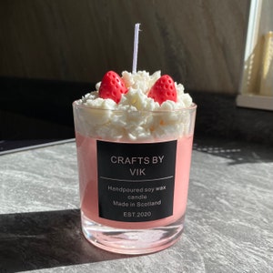 Hand poured dessert candle - Strawberries & Cream scent and design - soy wax, home decor, candle, Faux food candles, present, gift,